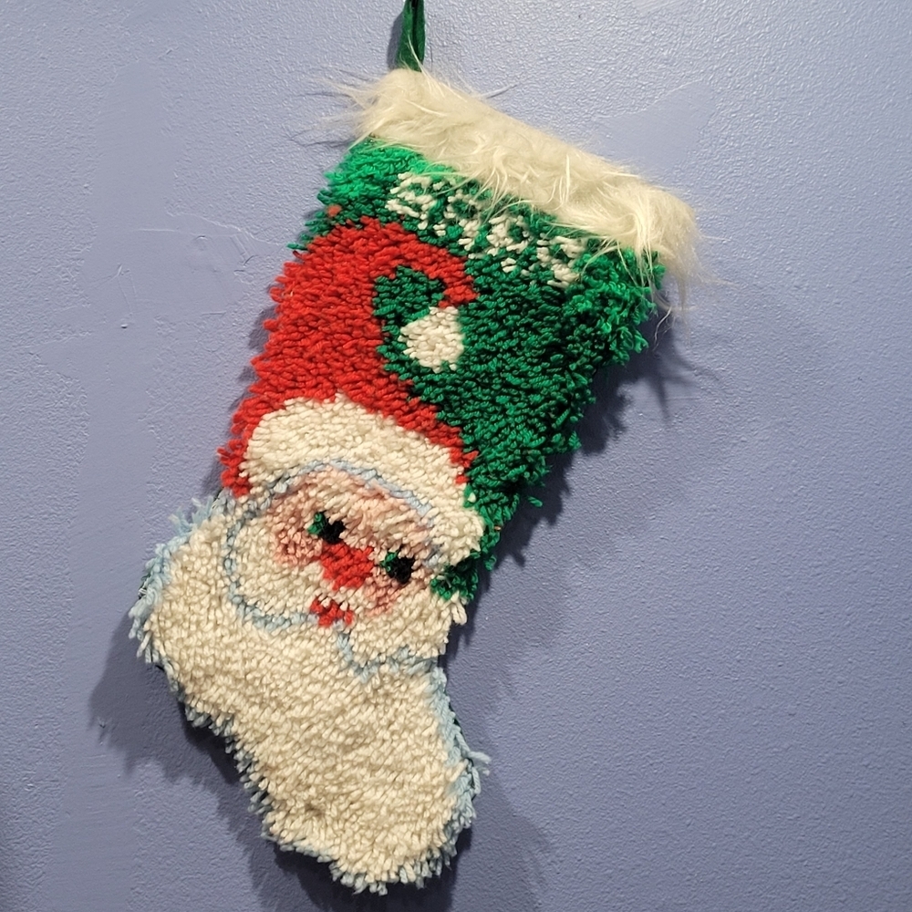 Large Vintage Latch Hook Rug style Stocking with Santa Custom "Sara"